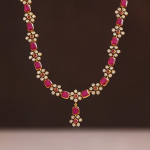 <b>Ruby</b> Short Gold Plated Diamond <b>Necklace</b> Set-Vintage Wedding Fine Jewelry - Product Image 3