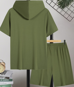 Men's Olive Green Hooded Sweatshirt And Shorts Set Short Sleeve Casual Summer Outfit 2pcs Solid Color Quick Dry Knitted Fabrice - Product Image 3