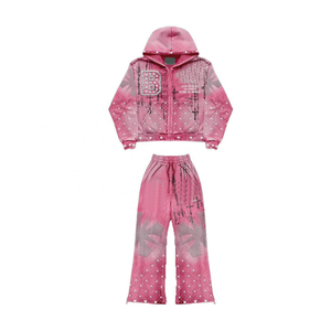 <b>Pink</b> Hooded <b>Tracksuit</b> Set Full Sleeve Loose Fit Streetwear Winter Zipper Front Pants Side Pockets Solid 100% Cotton - Product Image 1