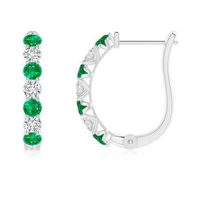 Aros Clásicos de Oro Sólido de 14 Quilates con Esmeralda y Diamantes de Corte Brillante Redondo en Engaste de Garra, Joyería para Mujer - Product Image 3