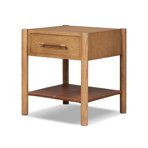 Modern Mango <b>Wood</b> Nightstand <b>Bedside</b> Table 1 Drawer Side <b>Cabinet</b> with Leather Shelf for Bedroom Hotel Home Office - Product Image 1
