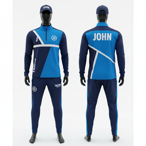 Mens Soccer Training Tracksuit 220 GSM Polyester Interlock Fabric Blue Navy Color <b>Block</b> Panel Design Custom Sublimation Logo - Product Image 1