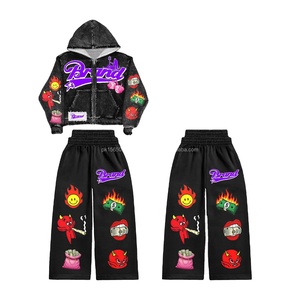 Ensemble de survêtement pour homme en coton 100% délavé à l'acide, style streetwear délavé, sweat-shirt à capuche et pantalon de survêtement, fermeture éclair, strass, coupe ample pour l'hiver - Product Image 2