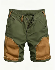 Men s Green <b>Cargo</b> Denim <b>Shorts</b> With Brown Patches Mid Waist Casual Summer Wear Breathable Woven Fabric - Product Image 1