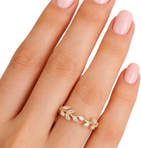 แหวนแต่งงานดีไซน์เนอร์ทองคำแท้ 14K 18K ประดับเพชรทรงมาร์คีส์รูปใบไม้ แหวนมินิมอล แหวนแฟชั่น แหวนหรูหรา แหวนประณีต - Product Image 6