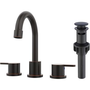Rubinetto per lavabo bagno in bronzo lucidato a olio con 2 maniglie, 8 pollici, 3 fori, beccuccio girevole a 360 gradi, scarico a scomparsa e tecnologia a sensore - Product Image 1