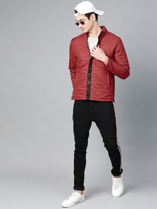 Blouson matelassé rouge pour homme, col montant, fermeture éclair frontale, coupe ajustée décontractée, coupe-vent, pour l'automne, couleur unie, rembourrage en polyester - Product Image 1