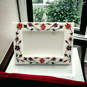 Stone Era Premium <b>White</b> Marble Photo <b>Frame</b> Traditional Floral Stone Inlay Design Handmade Luxury Wall Mount <b>Frame</b> for - Product Image 1
