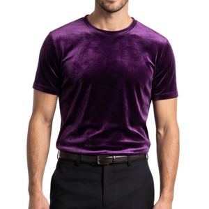 T-shirt en velours violet riche de qualité supérieure pour homme, t-shirt à manches courtes en velours lisse, respirant, doux au toucher, col rond, t-shirt d'hiver - Product Image 1