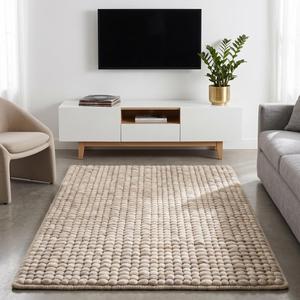 Tapis d'intérieur moderne en laine texturée beige crème tissée à la main, antidérapant, à poils moyens, couleur unie, pour la décoration de la maison - Product Image 4