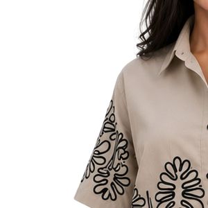 Beige Women Cropped Button Shirt Black Floral Embroidery Short Sleeve Casual Summer Blouse Cotton Fashion Designer <b>Top</b> Custom - Product Image 3