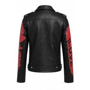 Black PU <b>Leather</b> Moto <b>Jacket</b> With Hand Drawn Graffiti Print Turn-down Collar Zipper Closure Unisex Slim Fit Autumn Wear - Product Image 3