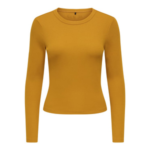 Camiseta Corta de Punto para Mujer, Color Mostaza, Manga Larga, Cuello Redondo, Corte Ajustado, Informal, Mezcla de Algodón y Elastano, Transpirable, para Todas las Temporadas - Product Image 1