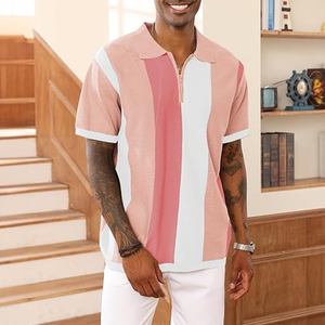 <b>Men's</b> Pink White Striped Knitted Short Sleeve Polo Shirt Casual Zipper Design Regular Fit - Product Image 5