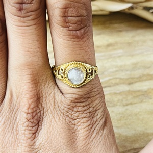 Hot Design Vintage Gold Plated Brass Moonstone <b>Ring</b> Women's Filigree Texture Dainty <b>Ring</b> <b>Statement</b> Wholesale <b>Ring</b> For Women - Product Image 6