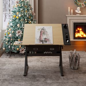 Tavolo da Disegno e Progettazione Regolabile in Acero con 2 Cassetti per Casa, Ufficio e Scuola, Include Sgabello - Product Image 2