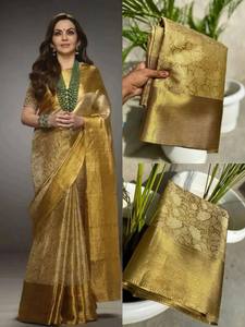 <b>Golden</b> Silk Banarasi <b>Saree</b> With Zari Work Traditional Indian Wear For Women Buy Direct From Supplier - Product Image 4