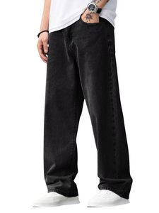 Jeans de Mezclilla Negros de Pierna Recta para Hombre, Cintura Media, Corte Holgado, Estilo Casual de Algodón, para Otoño - Product Image 3