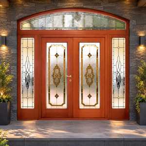 Portes d'entrée doubles en bois sur mesure pour résidences, avec panneaux en vitraux et transom arqué, pour usage extérieur, Villa GA-52 - Product Image 1