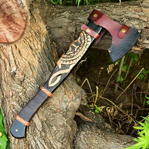 Handmade Viking Bearded Axe with Engraved Carbon Steel Head, Carved Wooden Handle and Leather Grip <b>Wrap</b>, Bushcraft Camping - Product Image 5