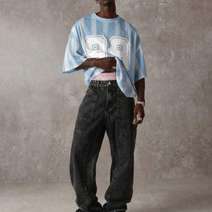 High Quality Cotton Eco-Friendly Mesh Fabric Men's Oversized Short Sleeve Blue <b>White</b> Pattern 180g Summer Blank Print Jersey <b>Tee</b> - Product Image 5