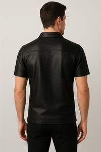 Hot Selling <b>Men</b> Wholesale Custom Made <b>Black</b> Genuine Leather Breathable <b>Short</b> <b>Sleeve</b> Casual <b>Shirt</b> Customized Design Custom Logo - Product Image 5