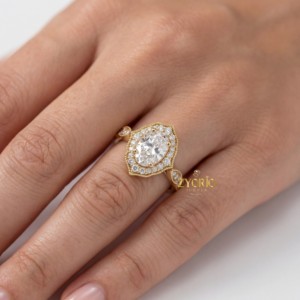 Anillo de Compromiso Clásico Vintage con Diamante Cultivado en Laboratorio de Corte Ovalado, Bordes Milgrain, Chapado en Oro de 14K/18K, para Aniversario de Bodas o Fiesta - Product Image 6