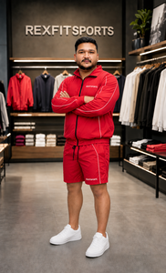 Red Acid Wash Nylon Tracksuit Set Full Zip <b>Jacket</b> & Drawstring Shorts Lightweight Breathable Sports Activewear - Product Image 3