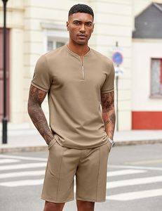 Men's Summer Casual Solid Color <b>Knitted</b> Breathable Shorts <b>Set</b> Spandex Polyester Two Piece Outfit - Product Image 1