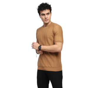 Men's O-Neck Short Sleeve Knitted T-Shirt Regular Fit Heavyweight Solid Color Casual Wear <b>Brown</b> T-Shirt - Product Image 3
