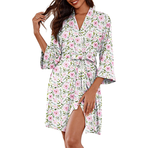 Bata de algodón con estampado floral para mujer, suave, de longitud media, con cinturón y abertura lateral para uso doméstico. - Product Image 5
