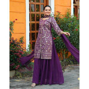 Taffeta Silk Mirror <b>Top</b> Georgette Palazzo <b>Sequined</b> Scarf Elastic Waist Stitched Women Three Piece Festive Salwar Suit Set - Product Image 2