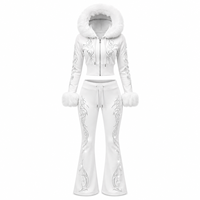 Ensemble de survêtement pour femme personnalisé avec strass, capuche, fermeture éclair, manches longues, pantalon évasé, style élégant pour la rue, tissu 100% coton