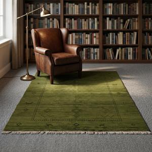 Alfombra de Lana Tejida a Mano de Alta Demanda, Color Verde Oliva, con Patrón Floral Clásico, Pelo Plano, Decorativa Tradicional con Flecos y Borlas - Product Image 5