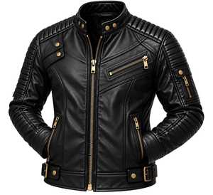 Veste de motard en cuir véritable noir pour homme, fermetures éclair dorées, épaules matelassées, coupe ajustée, coupe-vent, respirante, anti-UV, écologique - Product Image 4