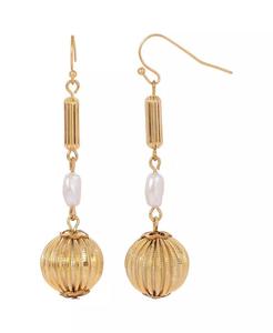 Pendientes de mujer con cuentas redondas acanaladas en tono dorado y perlas de imitación blancas en forma de arroz |   2028 - Product Image 1