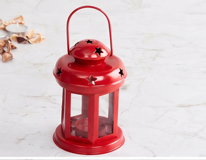 Farol Metálico Rojo con Panel de Vidrio y Asa para Colgar, Decoración Navideña para Hogar y Jardín - Product Image 1