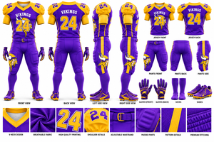 Maillot de football américain personnalisé violet et or, 100 % polyester, imprimé par sublimation, avec pantalon rembourré, gants, chaussettes et chaussures pour équipe - Product Image 5