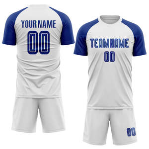 ชุดฟุตบอลสีขาวน้ำเงินทันสมัย แขนเสื้อแบบแร็กแลน เสื้อเจอร์ซีย์โพลีเอสเตอร์ กางเกงขาสั้น ชุดเต็ม แห้งเร็ว ระบายอากาศดี ชุดทีม ผู้ผลิต OEM - Product Image 1