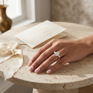 Anillo de compromiso personalizado con tres diamantes radiantes y piedras laterales cónicas tipo baguette. - Product Image 4