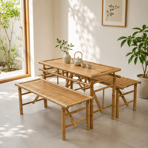 Handmade Bamboo <b>Table</b> <b>Bench</b> <b>Set</b> Natural Bamboo Dining Furniture for Resort Cafe Hotel Wholesale Supplier - Product Image 1