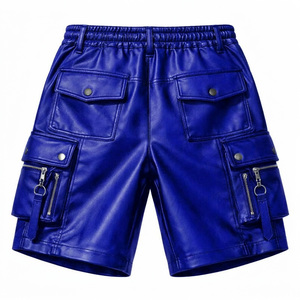 <b>White</b> Real Genuine Leather Cargo <b>Shorts</b> Custom Multi Zipper Pocket Elastic Waist <b>Biker</b> <b>Shorts</b> Wholesale High Quality <b>Shorts</b> - Product Image 4
