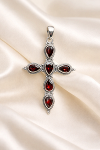 Pendentif en argent sterling 925 avec grenat rouge taille poire, fait main, croix chrétienne, bijoux religieux en argent, vente en gros - Product Image 6