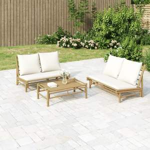 Set Lounge da Giardino 100% Poliestere Bianco Crema con Collezione di Mobili da Esterno in Bambù Naturale - Product Image 1