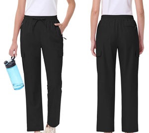 Women Black Cargo Pants Mid Waist Drawstring <b>Ankle</b>-Length Quick Dry Knitted Polyester Casual Spring Solid Color Regular Fit - Product Image 1