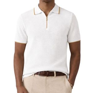 Polo en maille blanc pour homme avec fermeture éclair dorée, manches courtes, haut décontracté de luxe pour l'été, tissu texturé, chemise de golf personnalisée par un designer, OEM - Product Image 1