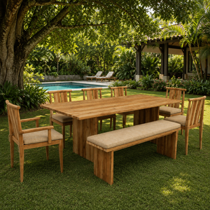 Ensemble de salle à manger d'extérieur en teck massif de luxe avec banc et fauteuils pour hôtel, villa, resort, jardin, patio, pique-nique - Product Image 3