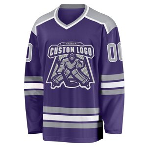 Jersey de Hockey sobre Hielo de Primera Calidad, Nuevo Diseño, Color Morado y Gris, Impresión Sublimada, Cuello en V, Manga Larga, Absorbe la Humedad, Unisex para Adultos - Product Image 1