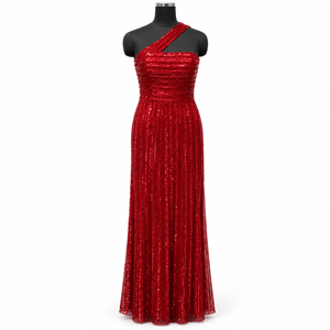 Vestido de Noche Rojo Rubí con Lentejuelas y un Solo Hombro Descubierto |   Vestido Asimétrico Largo hasta el Suelo con Corte en A y Cintura Ajustada para Eventos y Fiestas - Product Image 1