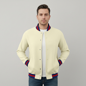 2026 New Arrived Men's Cream Varsity <b>Jacket</b> With Red Blue Trim Embroidered Logo Preppy Style Autumn Wear and online sale - Product Image 6